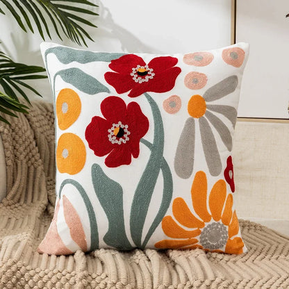Kussenhoes 45x45cm Katoen Canvas Geborduurd Bloemen Wit Sierkussenhoes Bank Slaapkamer Landelijke Stijl Decoratief