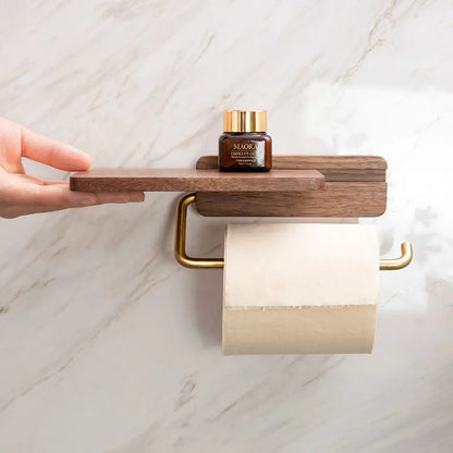 Toiletrolhouder Hout Walnoot Wandmontage Bruin Met Plank Badkamer Toilet Papierhouder Wandrek Minimalistisch Interieur