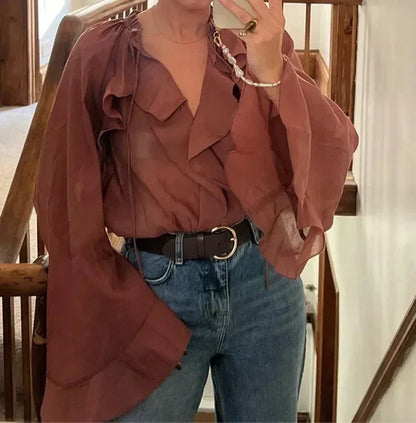 Vrouwelijke Blouse Transparant Bruin Elegante Stijl - StudioMarella