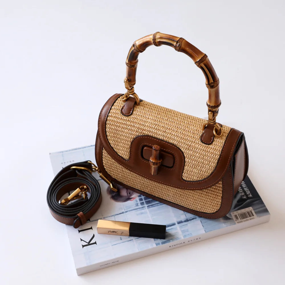Bamboe Handtas Elegante Cognac Kleur