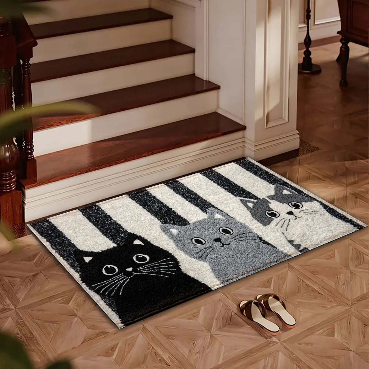 Deurmat Cartoon Katten PVC Zwart Wit Gestreept 60x90cm Antislip Waterdicht Vloermat Slaapkamer Woonkamer Hal Buitendeurmat