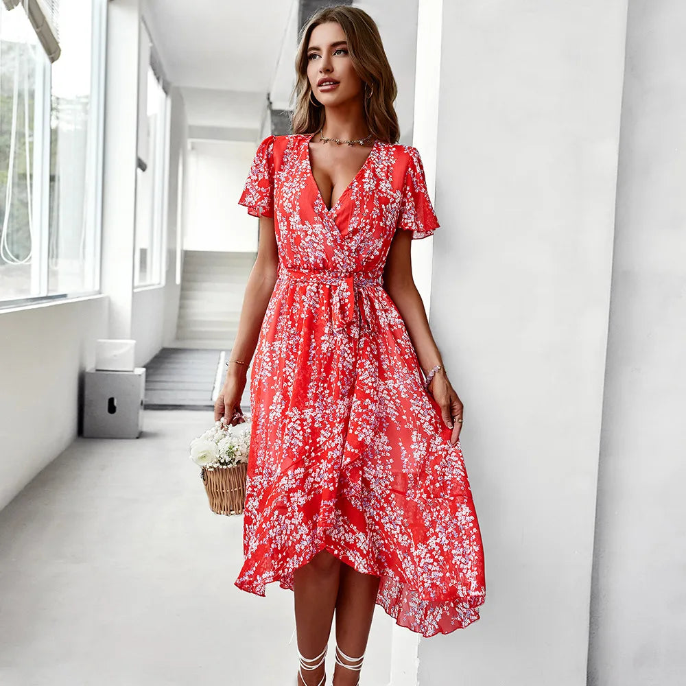 Dames Zomerjurk Korte Mouwen V-hals Mooi Model