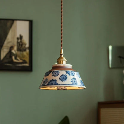 Handgeschilderde Keramische Hanglamp Scandinavisch Design Met Koperen Fitting Bloemenpatroon Voor Eettafel Keuken En Slaapkamer