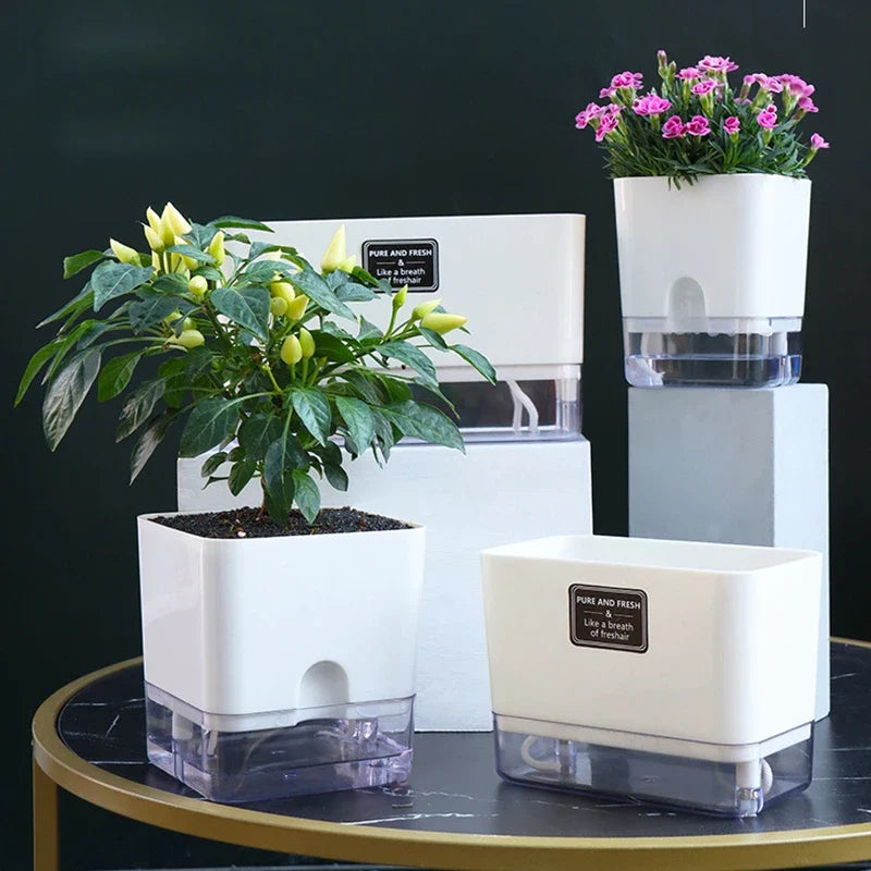 Zelfwaterende Bloempot Magnetisch Wit Kunststof Dubbeldeks Vensterbank Woonkamer Kantoor Plantenpot Hydrocultuur Binnen
