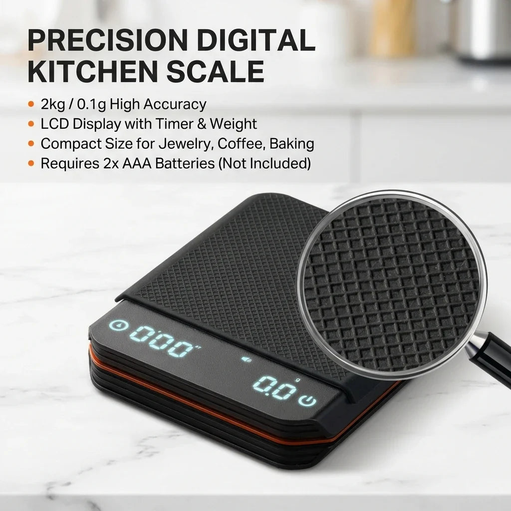 Koffieweegschaal Digitaal 2000g Oplaadbaar USB-C Timer Espresso Precisie 0,1g LED Compact Draagbaar Barista Keukenweegschaal