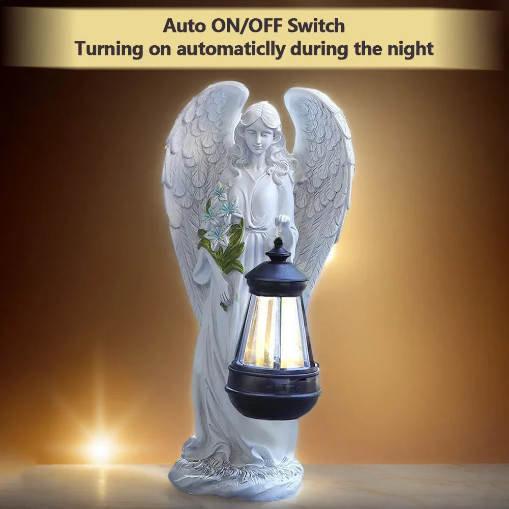 Engel Tuinbeeldje Zonne-energie LED Lantaarn 31cm Hars Automatisch Buiten Tuin Terras Patio Sfeerlamp Waterdicht Wit