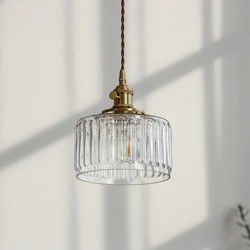 Retro Hanglamp Geribbeld Glas Koper Transparant Grijs E27 Woonkamer Eetkamer Slaapkamer Vintage Industrieel