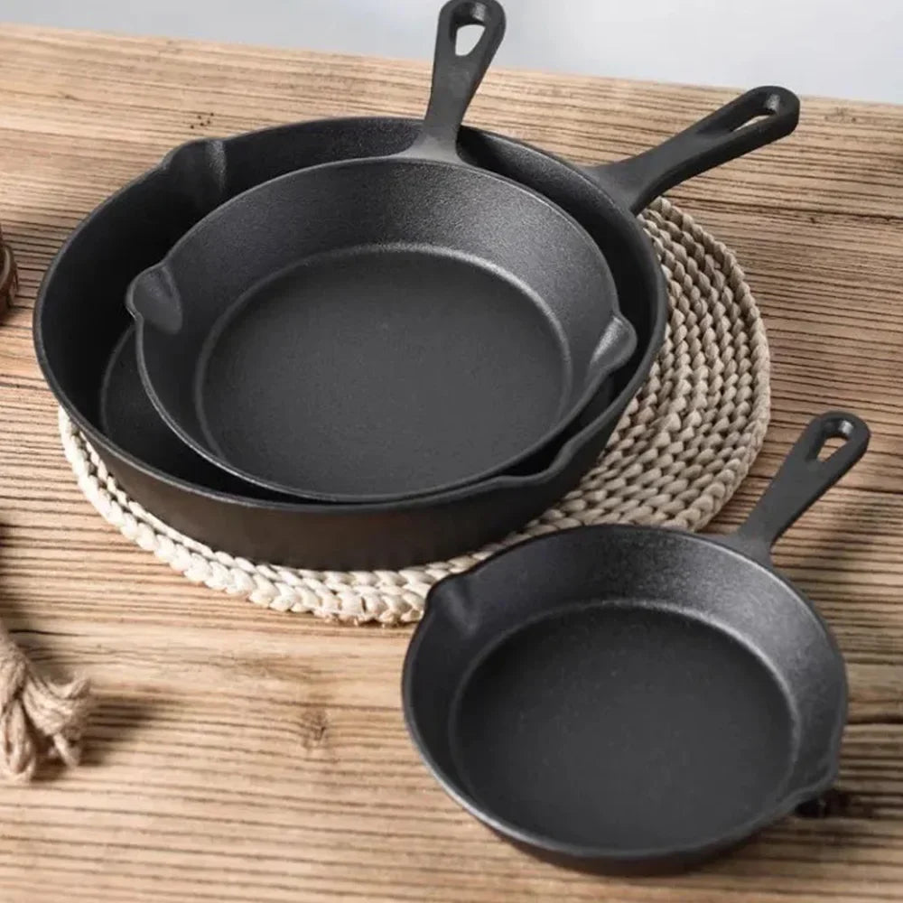 Gietijzeren Koekenpannenset 3-delig 16-20-26cm Inductie Gasfornuis Ongecoat Braadpan Omeletpan Roerbakpan Zwart