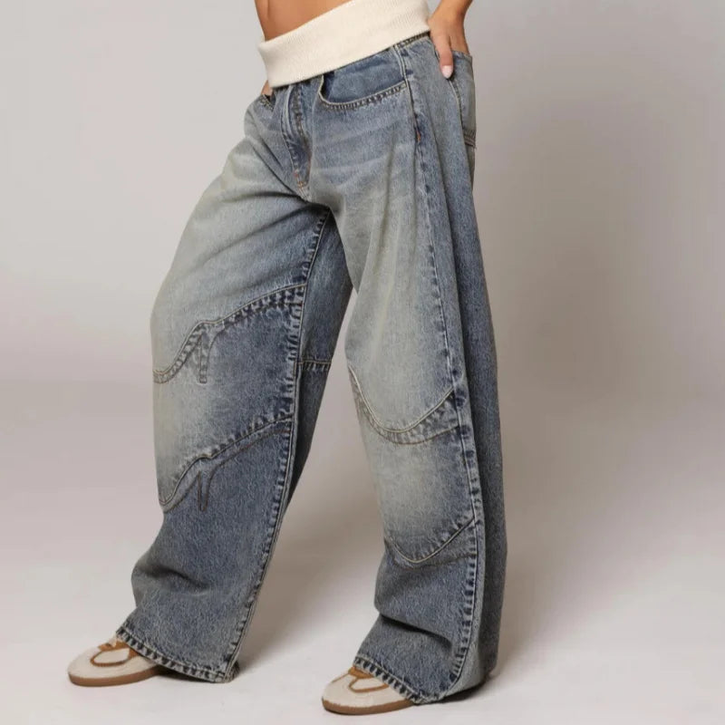 Baggy Jeans voor Vrouw met Elasticiteit en Hoge Taille