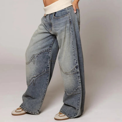 Baggy Jeans voor Vrouw met Elasticiteit en Hoge Taille