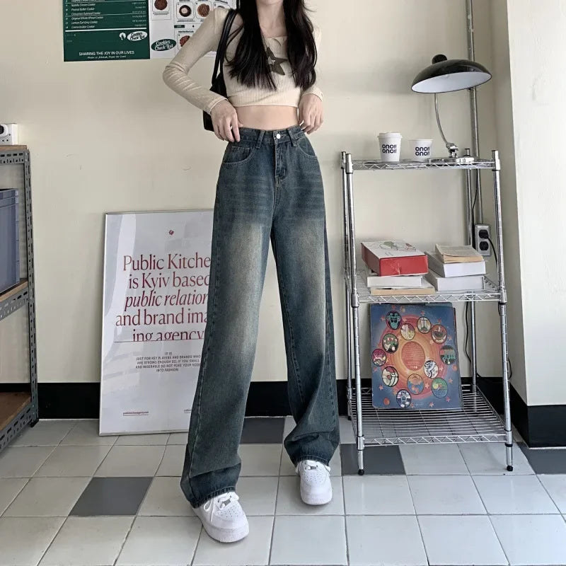 Dames Wide Leg Jeans Hoge Taille Retro Look