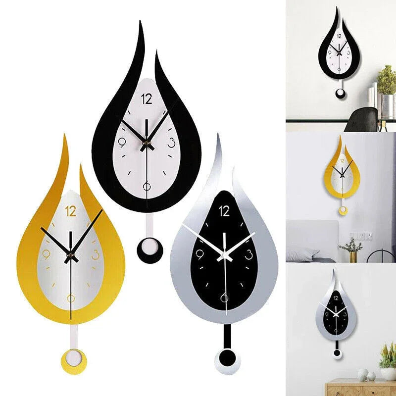 Acryl Slinger Wandklok met Stil Uurwerk – Moderne Waterdruppelvorm in Metaal voor Woonkamer en Slaapkamer