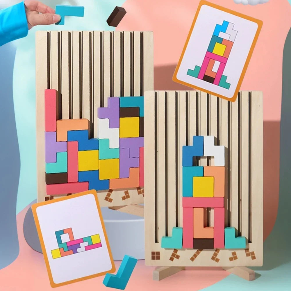 Houten 3D Puzzelspel voor Kinderen – Creatief Tetris Stapelspel met Geometrische Blokken – Ruimtelijk Inzicht & Handcoördinatie