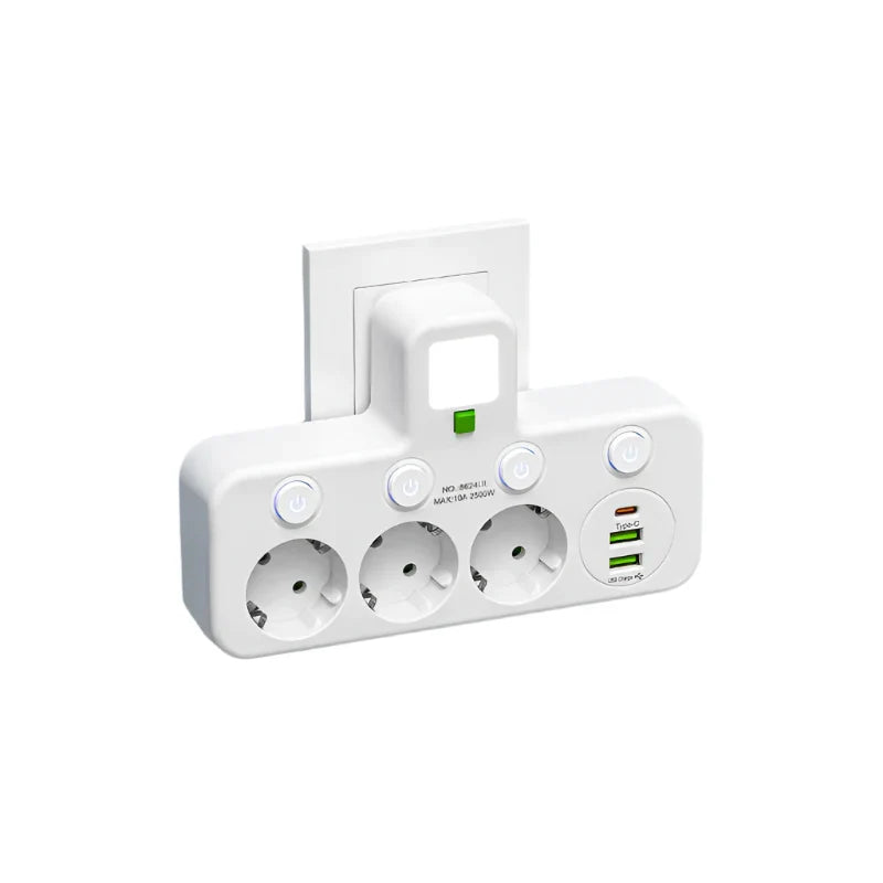 Meervoudige stekkerdoos met USB en USB-C, schakelaar en overspanningsbeveiliging