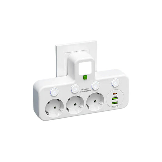 Meervoudige stekkerdoos met USB en USB-C, schakelaar en overspanningsbeveiliging