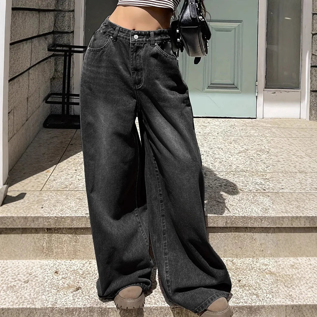Dames Jeans Hoge Taille Breed Been Zwart/Blauw - StudioMarella