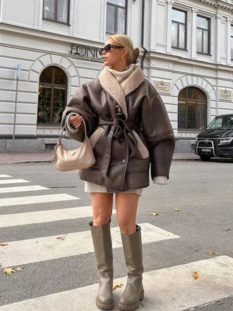 Dames Leren Jas met Bontkraag Warme Winterjas