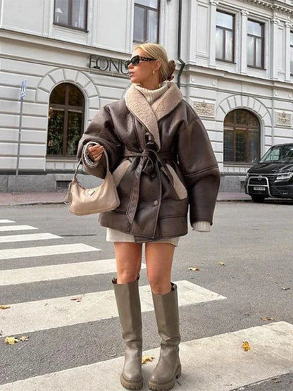 Dames Leren Jas met Bontkraag Warme Winterjas