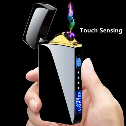 Elektronische Plasma Aansteker USB Oplaadbaar Winddicht Metaal Blauw Voor Kaarsen Pijp Muggenspiralen Dubbele Boog Touchsensor LED Display