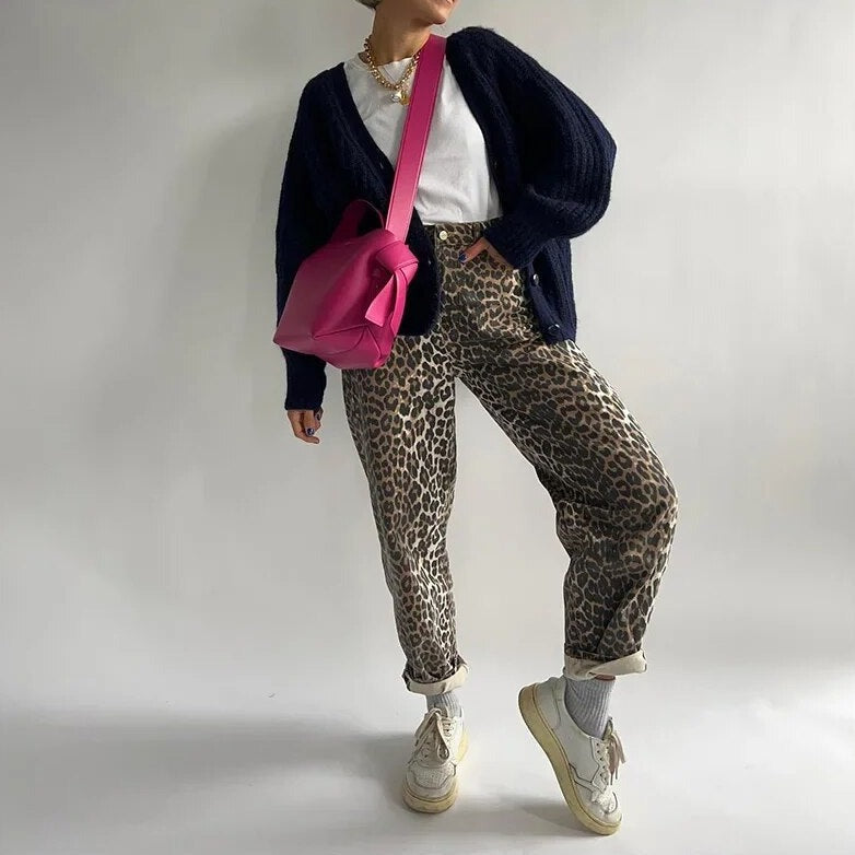 Damesjeans Hoge Taille met Luipaardprint Elastisch