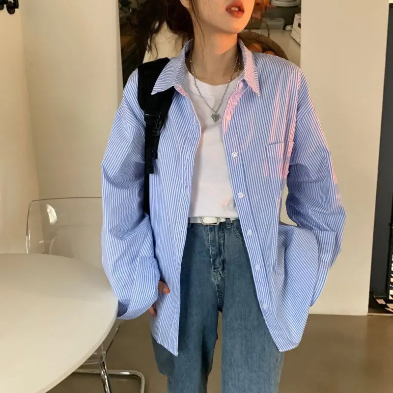 Dames Overhemd Blauw Gestreept Oversized Lange Mouwen