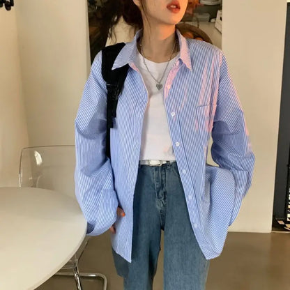 Dames Overhemd Blauw Gestreept Oversized Lange Mouwen