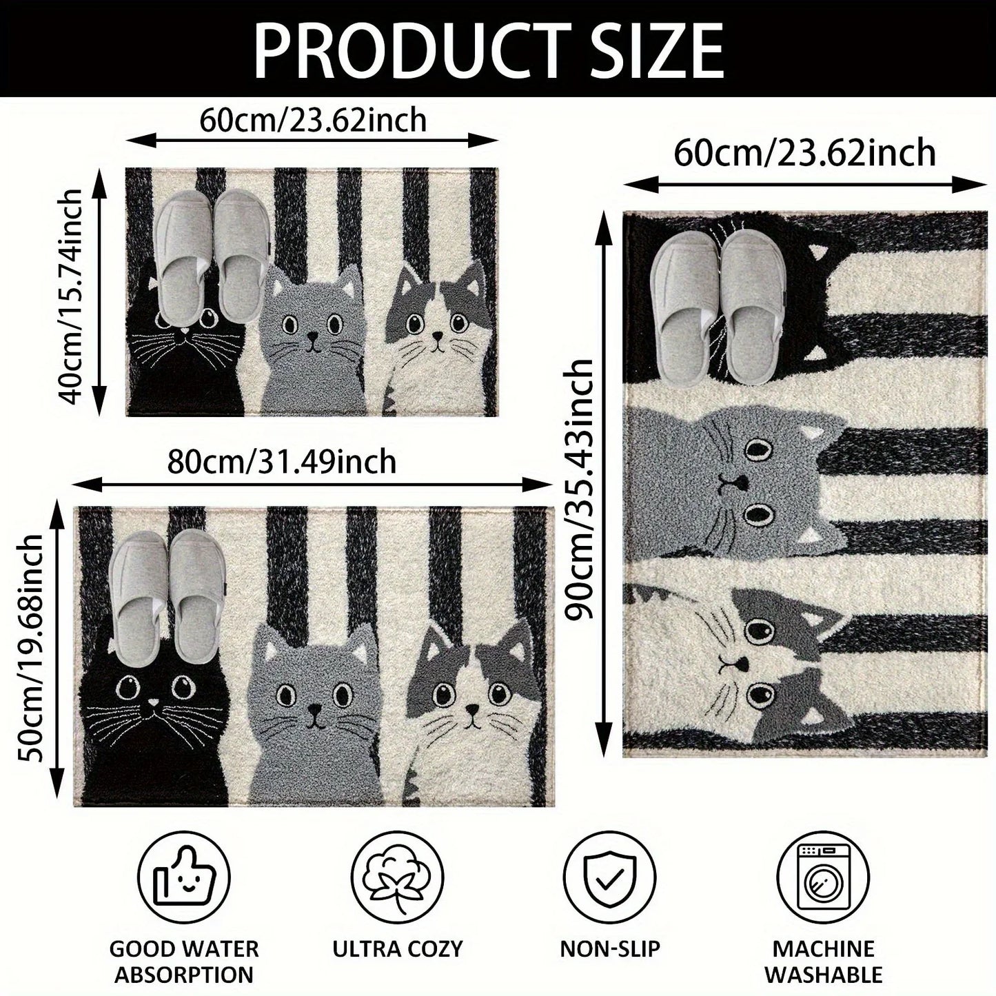 Deurmat Cartoon Katten PVC Zwart Wit Gestreept 60x90cm Antislip Waterdicht Vloermat Slaapkamer Woonkamer Hal Buitendeurmat