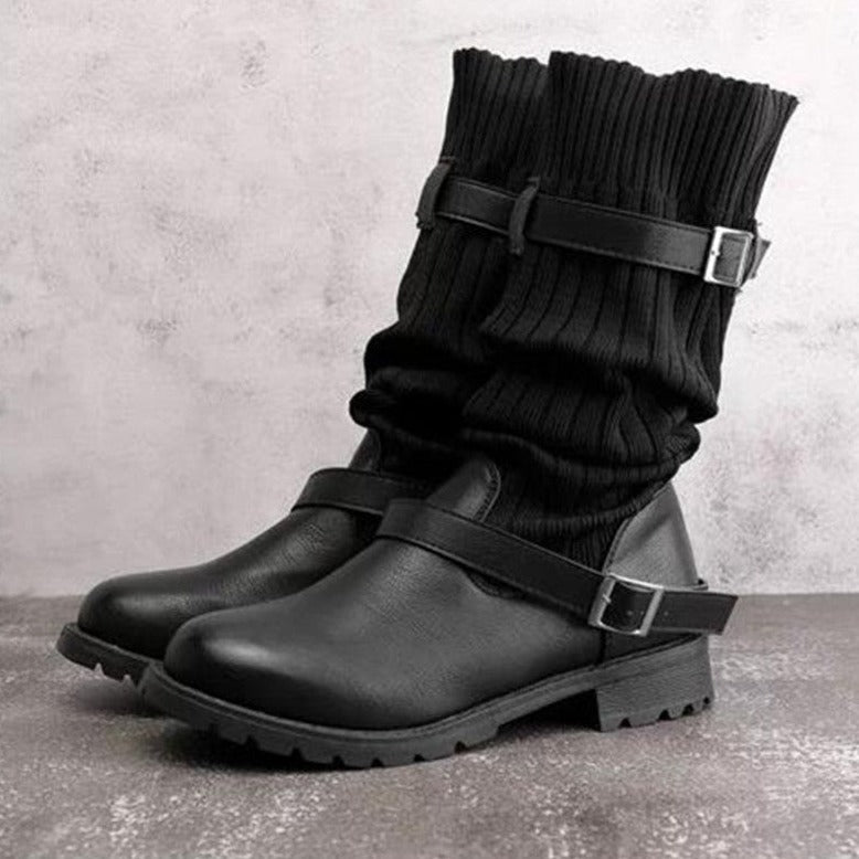 Dames Leren Laarzen met Gebreide Wol Inleg Winterwarm - StudioMarella