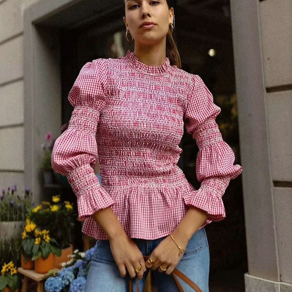 Vrouwen Blouse met Ruitjes en Ruches