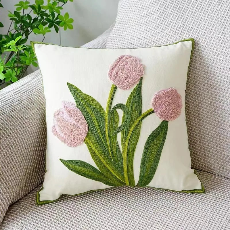 Kussenhoes 45x45cm Katoen Canvas Geborduurd Bloemen Wit Sierkussenhoes Bank Slaapkamer Landelijke Stijl Decoratief