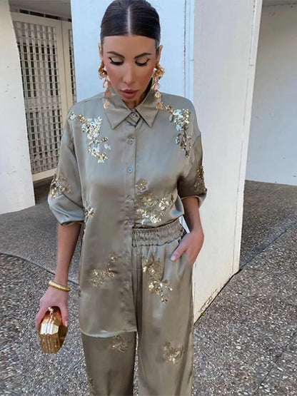 Zilveren Broek en Blouse Set voor Vrouw Glamour Look - StudioMarella