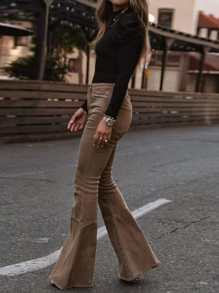 Hoge Damesbroek Flared Broek Zwart High Waist Stijl