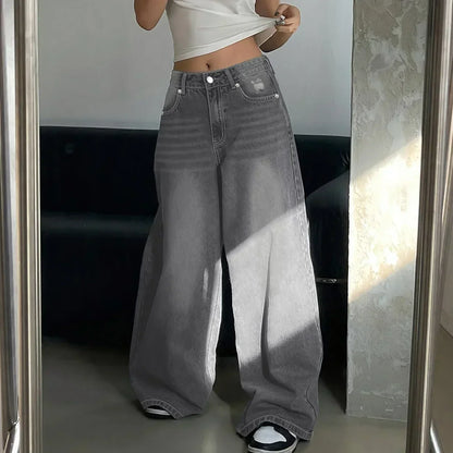 Dames High Waist Jeans Oversized Grijze Zwart Blauwe Kleuren