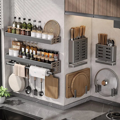 Keuken Wandrek Aluminium 30-50cm Gunmetal Kruidenrek Zonder Boren Ophangrek Keukenorganizer Messenhouder Wandmontage