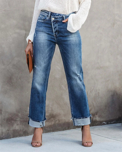 Hoge Taille Dames Jeans Rechte Broek Met Knoopsluiting - StudioMarella