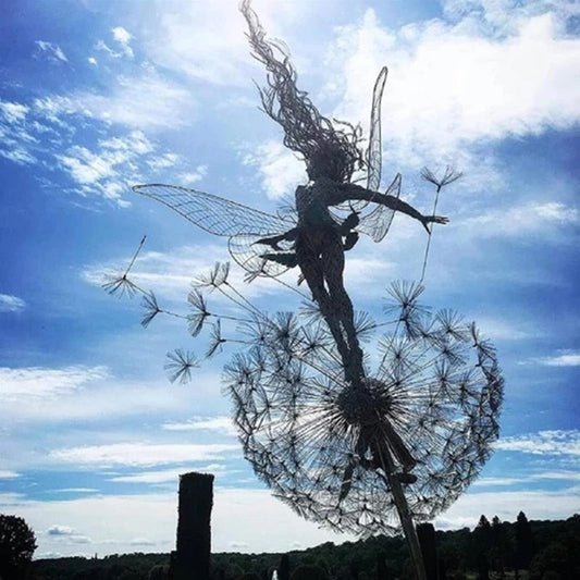 Metalen Tuinsteker Fee met Paardenbloem 75cm Decoratie voor Tuin Gazon Bloembak Magisch Sprookjesbeeld Windbestendig Fantasiebeeld Fantasieliefhebbers Romantische Tuininrichting Dromerig Accent