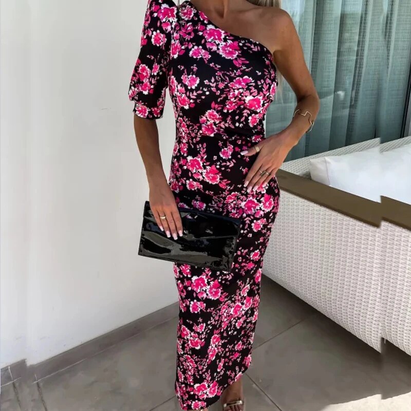 Vrouwelijke One-shoulder Jurk met Pofmouwen Elegante Stijl