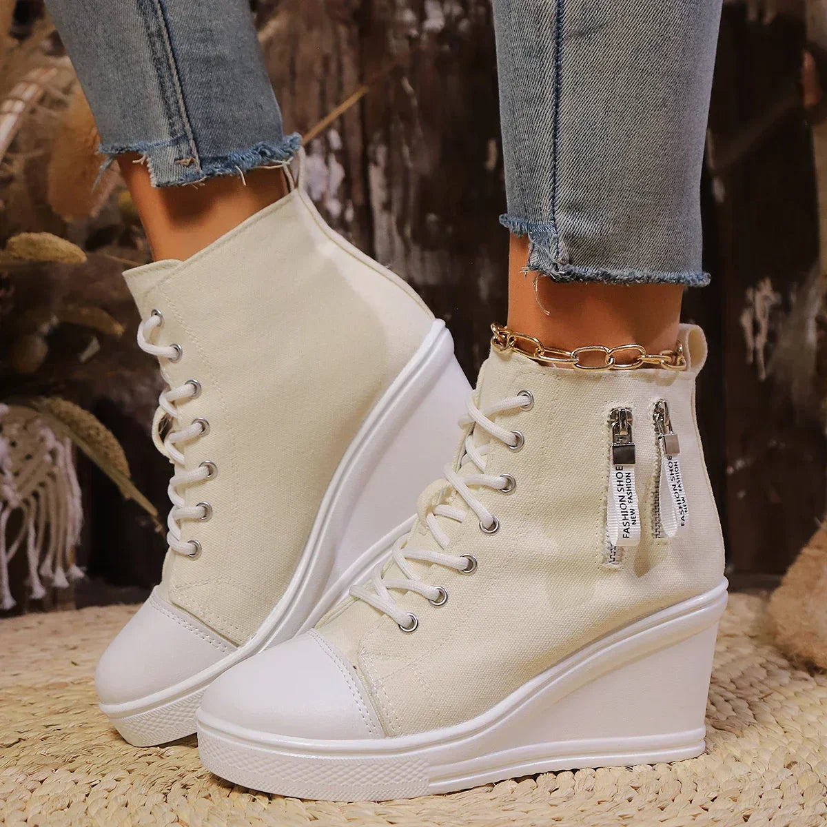 Wedge Sneaker Elegante Hak met Ritssluiting Zwart