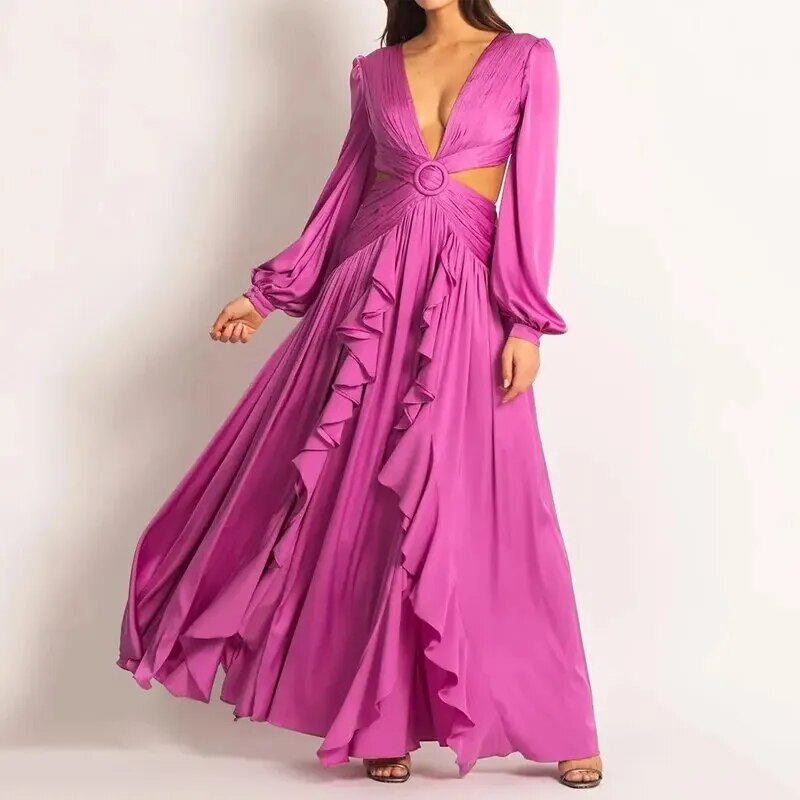 Vrouwelijke Lange Jurk met Plooien en Ruffles - StudioMarella