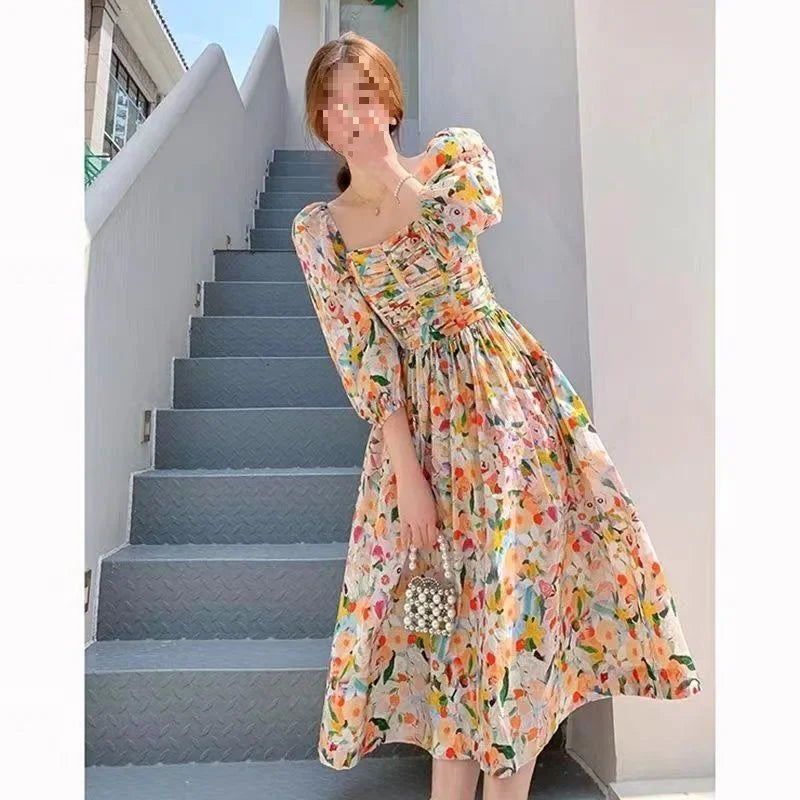 Bloemenjurk Franse Stijl Jurk met Korte Mouwen - StudioMarella