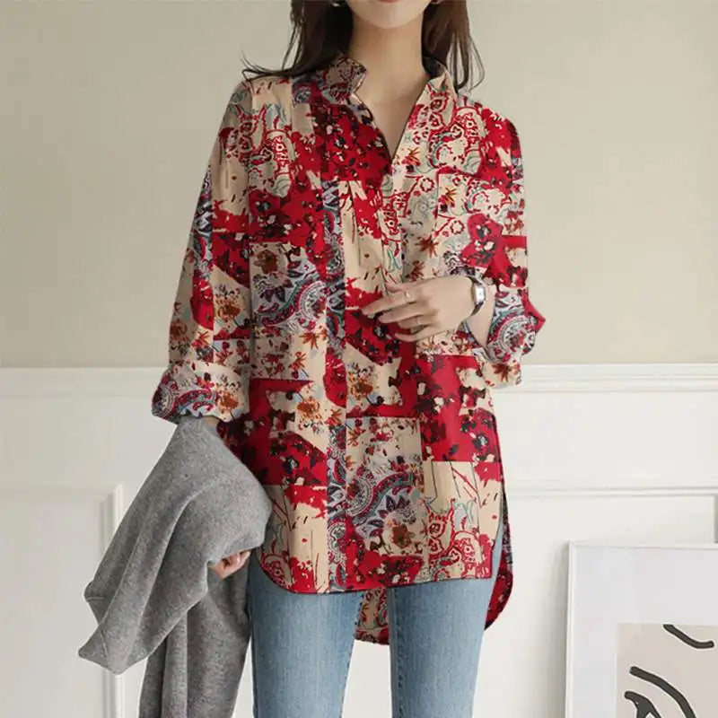 Vrouwelijke Bloes met Bloemenprint Retro Look