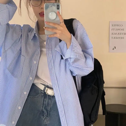 Dames Overhemd Blauw Gestreept Oversized Lange Mouwen - StudioMarella