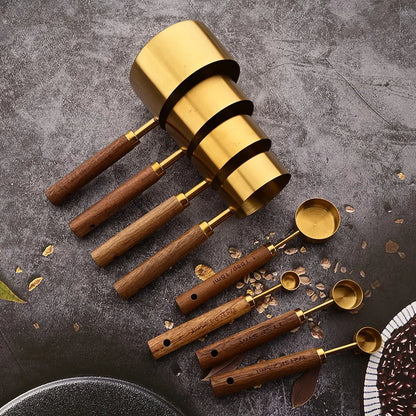 Rustiek Edelstalen Maatlepelset 8-Delig met Houten Handgrepen voor Keuken en Bakken