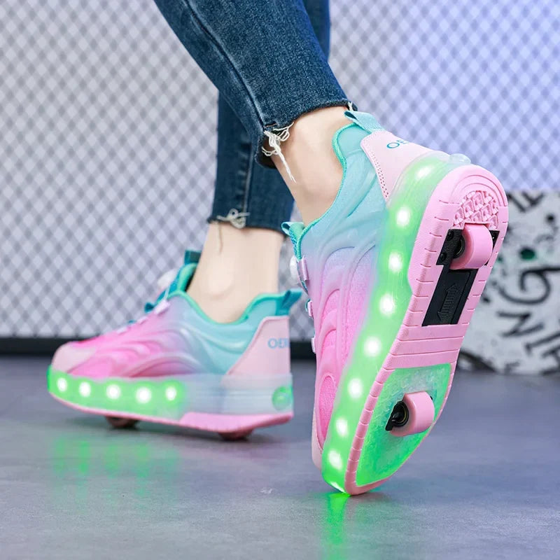 LED rolschaats schoenen USB oplaadbaar roze blauw kindersneakers met wielen lichtgevende skates voor buiten jongens meisjes
