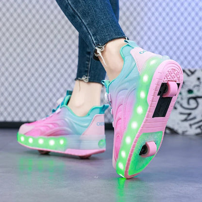 LED rolschaats schoenen USB oplaadbaar roze blauw kindersneakers met wielen lichtgevende skates voor buiten jongens meisjes