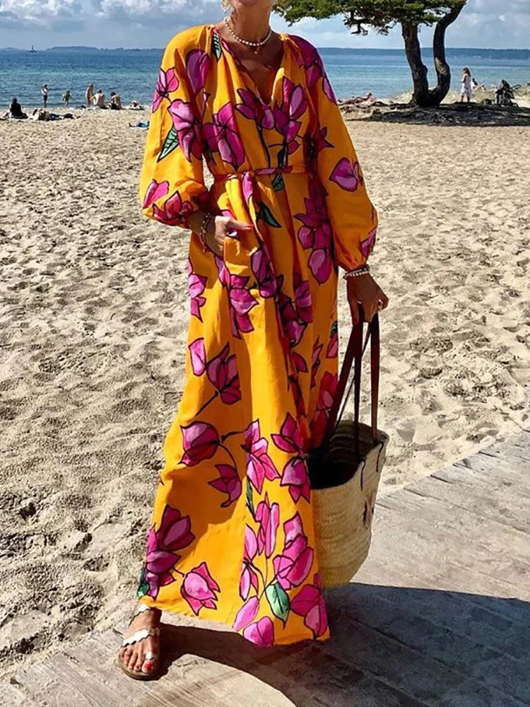 Lange Maxi Jurk met Mouwen Bloemenprint voor Vrouw