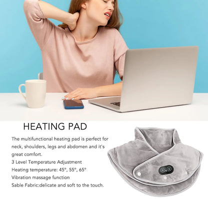 Verwarmde Nek- en Schoudermassager met Vibratie USB Warmtekussen Draagbaar Ergonomisch Plüche 3 Temperatuurstanden Timer Grijs voor Thuis Kantoor