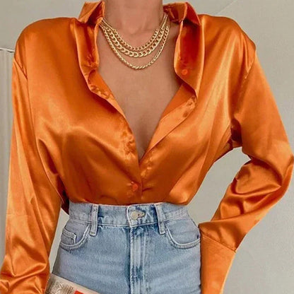 Dames Satijnen Blouse Oranje met Lange Mouwen - StudioMarella