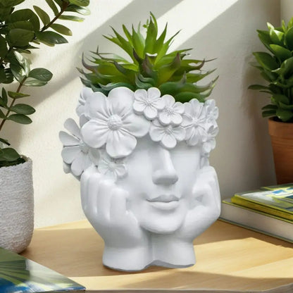 Bloempot Vrouwengezicht Hars Wit 15cm Decoratief Sculptuur Woonkamer Tuin Binnen Buiten Plantenpot Gezicht