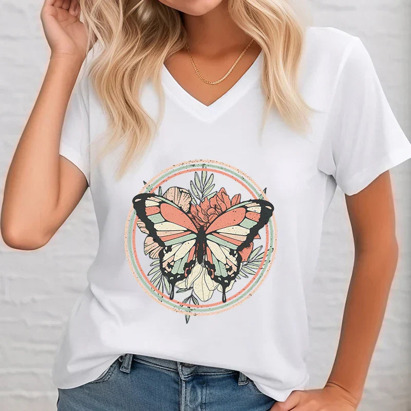 Dame V-hals Shirt Casual Bedrukt Zomer - StudioMarella